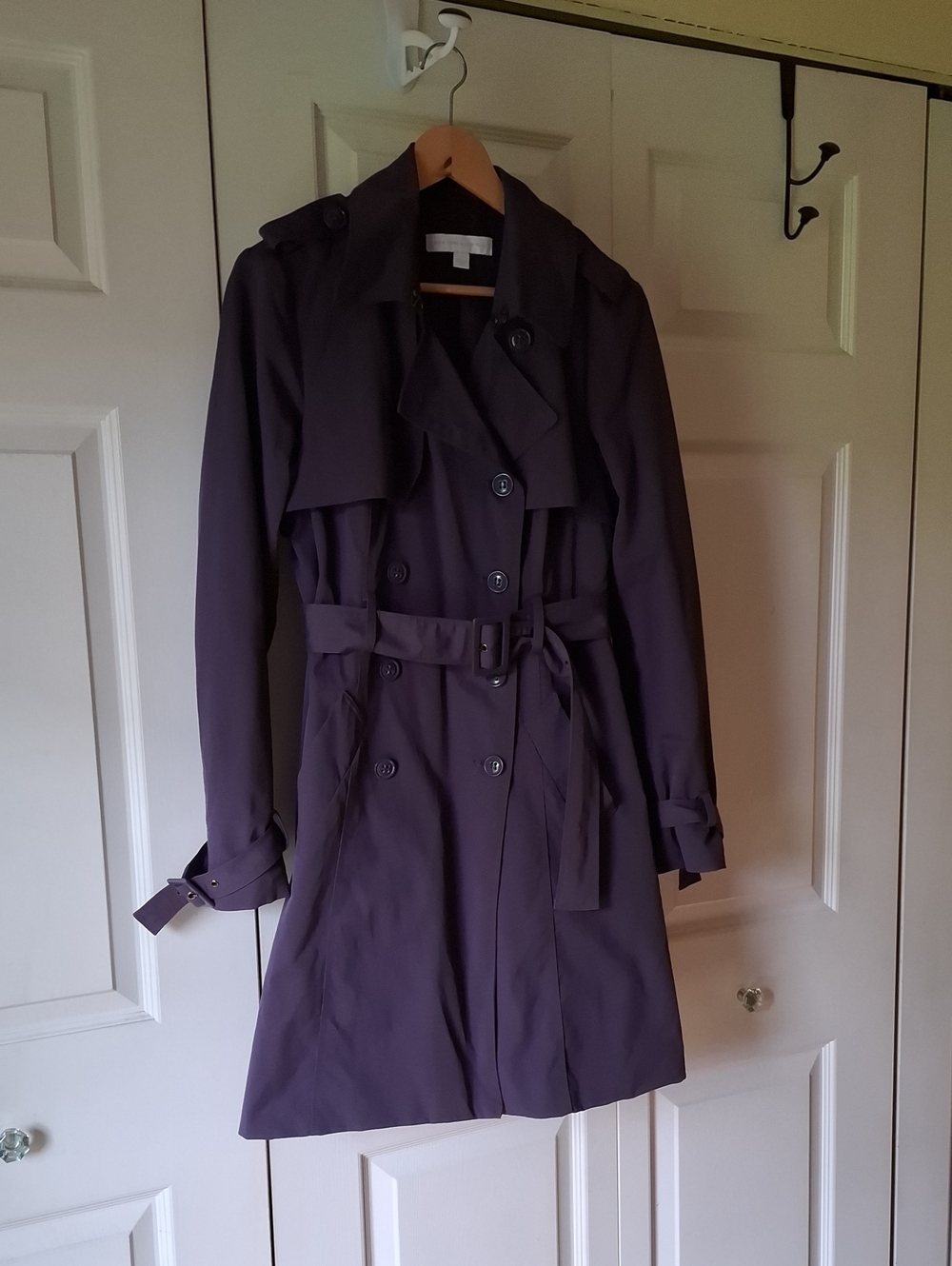 New York & Company Double-Breasted Plum Trench Coat